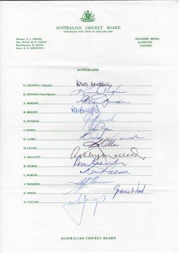 Australia tour to England 1980. &lsquo;Centenary Test Tour&rsquo;. Official autograph sheet with printed title and players&rsquo; names, fully signed by all fourteen listed members of the touring party. Signatures are Chappell (Captain), Hughes, Border, Bright, Dymock, Dys