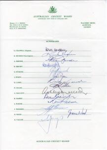 Australia tour to England 1980. &lsquo;Centenary Test Tour&rsquo;. Official autograph sheet with printed title and players&rsquo; names, fully signed by all fourteen listed members of the touring party. Signatures are Chappell (Captain), Hughes, Border, Bright, Dymock, Dys