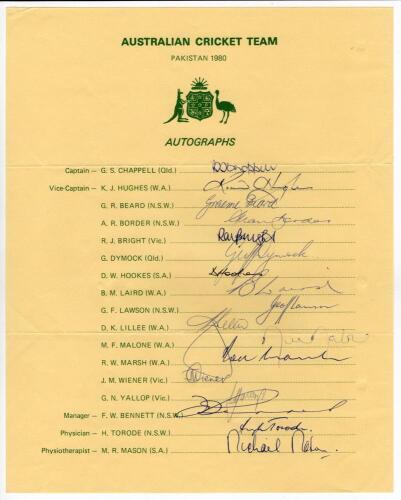 Australia tour to Pakistan 1979/80. Official autograph sheet with printed title and players&rsquo; names, fully signed by all seventeen listed members of the touring party. Players&rsquo; signatures are Chappell (Captain), Hughes, Beard, Border, Bright, Dymock, Hooke