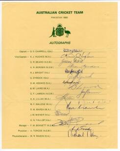 Australia tour to Pakistan 1979/80. Official autograph sheet with printed title and players&rsquo; names, fully signed by all seventeen listed members of the touring party. Players&rsquo; signatures are Chappell (Captain), Hughes, Beard, Border, Bright, Dymock, Hooke