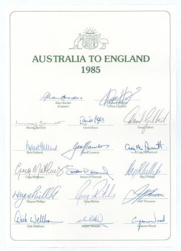 Australian tour of England 1985. Official autograph sheet with printed title and players&rsquo; names, fully signed in ink by all seventeen listed members of the touring party. Signatures are Border (Captain), Hilditch, Bennett, Boon, Gilbert, Holland, Lawson, 