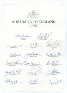 Australian tour of England 1985. Official autograph sheet with printed title and players&rsquo; names, fully signed in ink by all seventeen listed members of the touring party. Signatures are Border (Captain), Hilditch, Bennett, Boon, Gilbert, Holland, Lawson, 