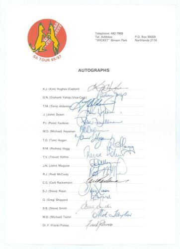Australian XI &lsquo;Rebel&rsquo; tour to South Africa 1985/87. Official autograph sheet with &lsquo;SA Tour 85/87&rsquo; emblem and printed players&rsquo; names, fully signed in ink by all seventeen listed members of the Australian touring party. Signatures are Hughes (Captain), Yall