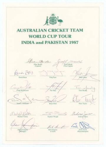 Australian tour of India and Pakistan for the World Cup 1987. Official autograph sheet fully signed in ink by all seventeen members of the touring party including Border, Marsh, Reid, S.Waugh, May, Taylor, McDermott, Moody, Boon etc. Odd faults, good con