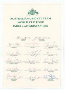Australian tour of India and Pakistan for the World Cup 1987. Official autograph sheet fully signed in ink by all seventeen members of the touring party including Border, Marsh, Reid, S.Waugh, May, Taylor, McDermott, Moody, Boon etc. Odd faults, good con