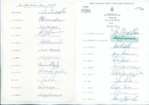 South Australia 1971/72 & 1974/75. Two official autograph sheets with typed/ printed players&rsquo; names. Both sheets fully signed, the 1971/72 by twelve, the 1974/75 by eleven. Signatures are I. Chappell, Cunningham, G. Chappell, Freeman, Hammond, Hendricks, 