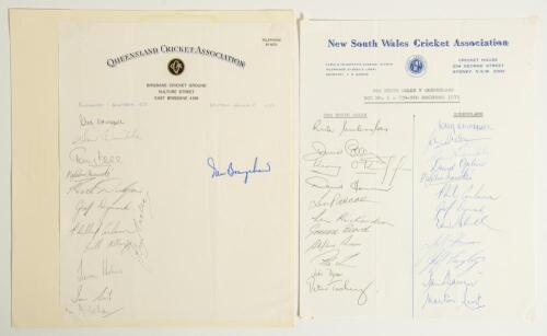 Queensland Cricket Association 1973/74 & 1975/76. Two official autograph sheets. One on Queensland C.A. headed page signed by twelve Queensland players and one of Western Australia, the other on New South Wales C.A. letterhead fully signed by both Queensl