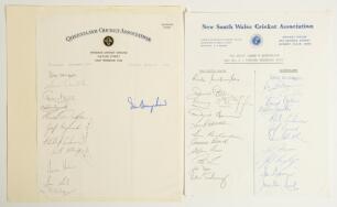 Queensland Cricket Association 1973/74 & 1975/76. Two official autograph sheets. One on Queensland C.A. headed page signed by twelve Queensland players and one of Western Australia, the other on New South Wales C.A. letterhead fully signed by both Queensl