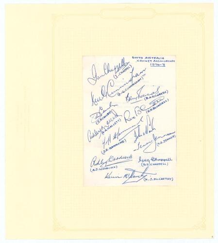 South Australia Cricket Association 1970/71 & 1973/74. Plain page signed in biro by twelve South Australia players with names annotated below each signature. Also a typed autograph sheet of the 1973/74 team fully signed by twelve. Signatures are I. Chappe