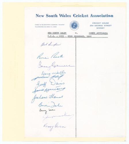 New South Wales 1965/66. Official autograph sheet on New South Wales Cricket Association letterhead for the match v South Australia at Sydney 18th- 22nd February 1966. Fully signed in biro by the twelve members of the New South Wales team. Signatures are 