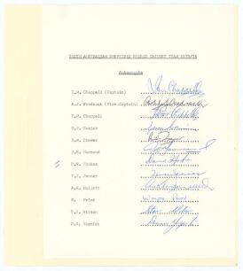 &lsquo;South Australian Sheffield Shield Cricket Team 1975/76. Official autograph sheet with typed title and players&rsquo; names, signed in biro by twelve members of the South Australian team. Signatures are I. Chappell, Woodcock, T. Chappell, Cosier, Drewer, Hammon