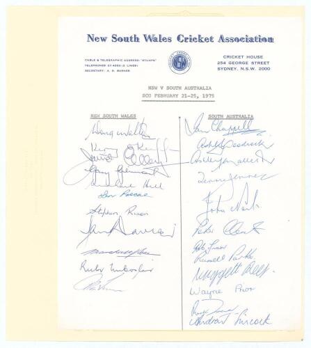 New South Wales 1974/75. Official autograph sheet on New South Wales Cricket Association letterhead for the drawn match v South Australia at Sydney 21st- 25th February 1975. Fully signed in biro by the New South Wales (11 signatures) and South Australia (