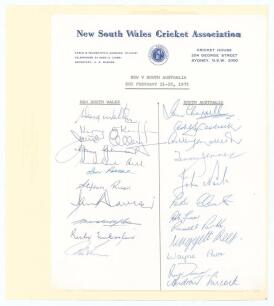 New South Wales 1974/75. Official autograph sheet on New South Wales Cricket Association letterhead for the drawn match v South Australia at Sydney 21st- 25th February 1975. Fully signed in biro by the New South Wales (11 signatures) and South Australia (