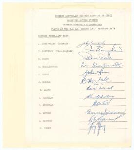 Western Australia 1972/73. Official autograph sheet with typed title and players&rsquo; names for the drawn match v Queensland at Perth 17th- 20th February 1973. Fully signed in biro by the twelve members of the Western Australia team. Signatures are Inverarity