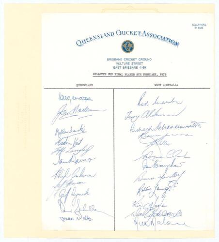Queensland v Western Australia. Gillette Cup Final 1975/76. Official Queensland Cricket Association letterhead signed in biro by twenty three players who took part in the Final at Brisbane 8th February 1976. Signatures are Chappell, Maclean, Francke, Kent
