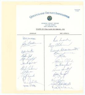 Queensland v Western Australia. Gillette Cup Final 1975/76. Official Queensland Cricket Association letterhead signed in biro by twenty three players who took part in the Final at Brisbane 8th February 1976. Signatures are Chappell, Maclean, Francke, Kent