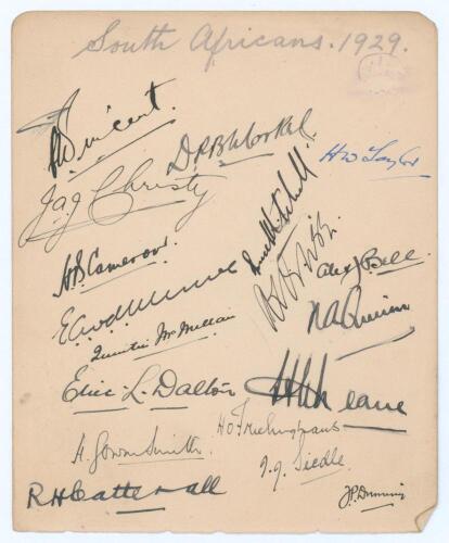 South Africa tour to England 1929. Album page very nicely and fully signed in black and blue ink by all eighteen members of the South African touring party. Signatures are Deane (Captain), Vincent, Morkel, Christy, Cameron, van der Merwe, McMillan, Dalton