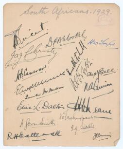 South Africa tour to England 1929. Album page very nicely and fully signed in black and blue ink by all eighteen members of the South African touring party. Signatures are Deane (Captain), Vincent, Morkel, Christy, Cameron, van der Merwe, McMillan, Dalton