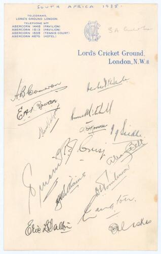 South Africa tour to England 1935. Official M.C.C. Lord&rsquo;s Cricket Ground headed paper very nicely signed in ink by all fifteen playing members of the South African touring party. Signatures are Wade (Captain), Cameron, Rowan, Viljoen, Mitchell, Nourse, Si
