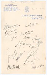 South Africa tour to England 1935. Official M.C.C. Lord&rsquo;s Cricket Ground headed paper very nicely signed in ink by all fifteen playing members of the South African touring party. Signatures are Wade (Captain), Cameron, Rowan, Viljoen, Mitchell, Nourse, Si