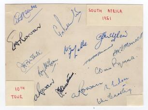 South Africa tour to England 1951. Album page nicely signed in ink by fifteen members of the South African touring party. Signatures are Nourse (Captain), E. Rowan, Waite, McLean, A. Rowan, Fullerton, Melle, Cheetham, McGlew, Mann, Mansell, van Ryneveld, 