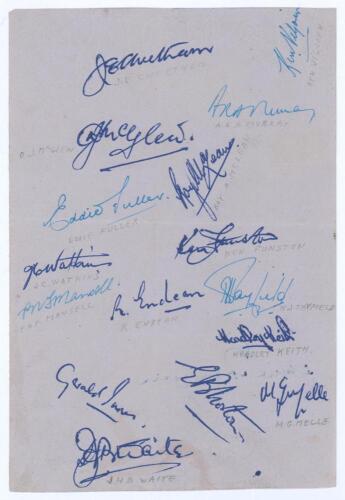 South Africa tour to Australia 1952/53. Album page signed in various coloured inks by sixteen members of the South African touring party. Signatures are Cheetham (Captain), McGlew, Watkins, McLean, Tayfield, Endean, Norton, Mansell, Fuller, Keith, Funston
