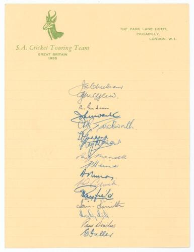 South Africa tour to England 1955. Official &lsquo;South African Cricket Touring Team, Park Lane Hotel&rsquo; autograph sheet, very nicely and fully signed in ink by all sixteen playing members of the touring party. Signatures are Cheetham (Captain), McGlew, Endean, 