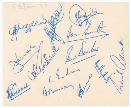 South Africa tour to England 1955. Album page nicely signed in biro by thirteen members of the South African touring party. Signatures are McGlew, Waite, Goddard, McLean, Duckworth, Tayfield, Smith, Winslow, Endean, Murray, Heine, Keith and Adcock. Very g