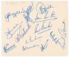 South Africa tour to England 1955. Album page nicely signed in biro by thirteen members of the South African touring party. Signatures are McGlew, Waite, Goddard, McLean, Duckworth, Tayfield, Smith, Winslow, Endean, Murray, Heine, Keith and Adcock. Very g