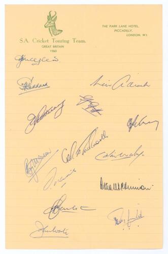 South Africa tour to England 1960. Official &lsquo;South African Cricket Touring Team, Park Lane Hotel&rsquo; autograph sheet, very nicely signed in ink by fourteen playing members of the touring party. Signatures are McGlew (Captain), Goddard, Adcock, Pothecary, Gri
