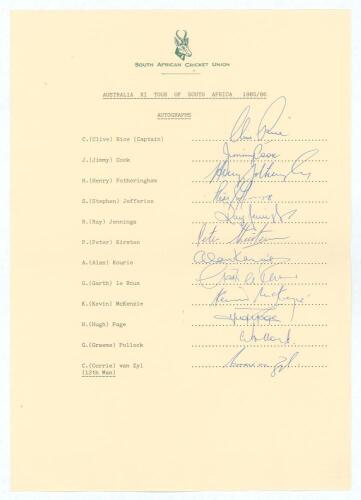 Australian XI &lsquo;Rebel&rsquo; tour of South Africa 1985/86. Official autograph sheet for the South African team with players&rsquo; printed names and title, fully signed in ink by all twelve members of the South African team including Rice (Cpt), Cook, G.Pollock, Le Ro
