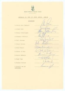 Australian XI &lsquo;Rebel&rsquo; tour of South Africa 1985/86. Official autograph sheet for the South African team with players&rsquo; printed names and title, fully signed in ink by all twelve members of the South African team including Rice (Cpt), Cook, G.Pollock, Le Ro