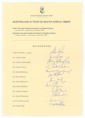 Australian &lsquo;Rebel&rsquo; tour of South Africa 1986/87. Official autograph sheet for the South African team with players&rsquo; printed names and title, fully signed in ink by all twelve members of the South African team including Rice (Cpt), Cook, G.Pollock, McEwan, 