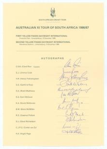 Australian &lsquo;Rebel&rsquo; tour of South Africa 1986/87. Official autograph sheet for the South African team with players&rsquo; printed names and title, fully signed in ink by all twelve members of the South African team including Rice (Cpt), Cook, G.Pollock, McEwan, 