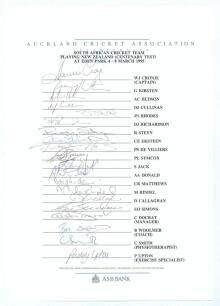 South Africa tour to New Zealand 1994/95. Official Auckland Cricket Association autograph sheet fully signed by all twenty listed members of the South African touring party for the Centenary Test at Eden Park, 4th- 8th March 1995. Signatures include Cronj