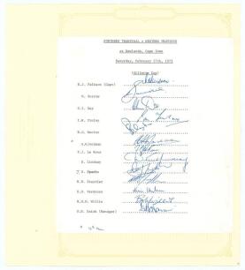 South Africa. Northern Transvaal v Western Province 1972/73. Official autograph sheet with typed title and players&rsquo; names, for the Gillette Cup semi-final match played at Newlands 17th February 1973. Fully signed in biro by the thirteen members of the Nor