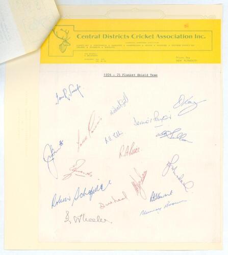 South Africa. Central Districts &lsquo;1974-75 Plunkett Shield Team&rsquo;. Official autograph sheet on Central Districts Cricket Association letterhead. Signed in different coloured biros by eighteen members of the Central Districts team. Signatures include Snook, G