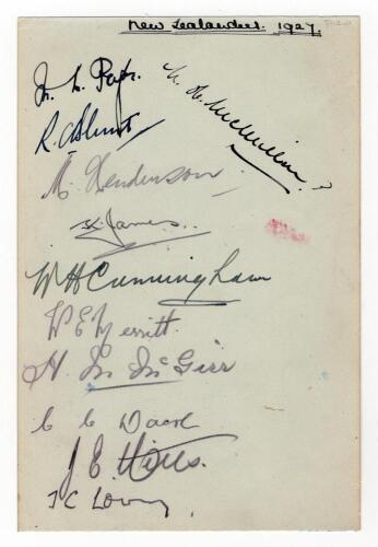 New Zealand tours to England 1927 & 1937. Album page nicely signed in ink and pencil by eleven members of the 1927 New Zealand touring party. Signatures include Page, Blunt, Henderson, James, Cunningham, Merritt, McGirr, Dacre, Mills, Lowry etc. Sold with