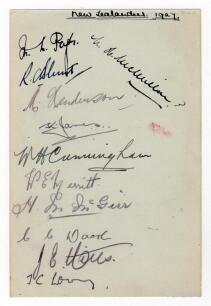 New Zealand tours to England 1927 & 1937. Album page nicely signed in ink and pencil by eleven members of the 1927 New Zealand touring party. Signatures include Page, Blunt, Henderson, James, Cunningham, Merritt, McGirr, Dacre, Mills, Lowry etc. Sold with