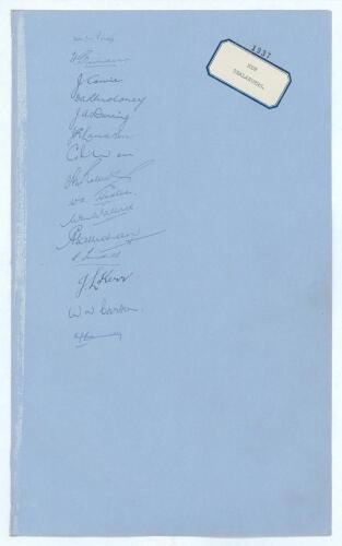 New Zealand 1937. Large sheet of &lsquo;ledger&rsquo; size paper (9.5&rdquo;x15.5&rdquo;) very nicely signed by the New Zealand touring party to England in 1937, title to right hand side. Fifteen ink signatures including Page (Cpt), Vivian, Cowie, Moloney, Dunning, W.A. Hadlee, 