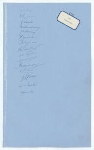 New Zealand 1937. Large sheet of &lsquo;ledger&rsquo; size paper (9.5&rdquo;x15.5&rdquo;) very nicely signed by the New Zealand touring party to England in 1937, title to right hand side. Fifteen ink signatures including Page (Cpt), Vivian, Cowie, Moloney, Dunning, W.A. Hadlee, 
