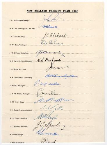 New Zealand tour to England 1958. Large official autograph sheet with printed title and players&rsquo; names, fully and nicely signed in ink by all eighteen of the listed members of the New Zealand touring party. Signatures are Reid (Captain), Cave, Alabaster, 