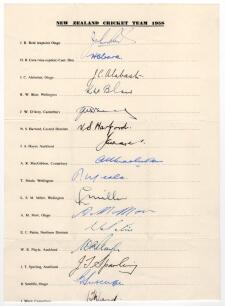 New Zealand tour to England 1958. Large official autograph sheet with printed title and players&rsquo; names, fully and nicely signed in ink by all eighteen of the listed members of the New Zealand touring party. Signatures are Reid (Captain), Cave, Alabaster, 