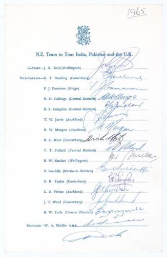 New Zealand tour to India, Pakistan and England 1965. Official autograph sheet with printed title and players&rsquo; names, fully signed by the original sixteen members of the tour plus F.C. Dick who joined later. Seventeen signatures in total including Reid (C