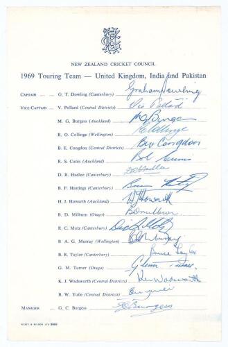 New Zealand tour to England, India and Pakistan 1969. Official autograph sheet with printed title and players&rsquo; names, fully signed by the seventeen listed tour members. Signatures are Dowling (Captain), Pollard, Burgess, Collinge, Congdon, Cunis, D. Hadle