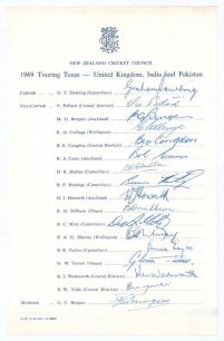 New Zealand tour to England, India and Pakistan 1969. Official autograph sheet with printed title and players&rsquo; names, fully signed by the seventeen listed tour members. Signatures are Dowling (Captain), Pollard, Burgess, Collinge, Congdon, Cunis, D. Hadle