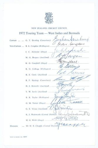 New Zealand 1972. Official autograph sheet for the New Zealand tour of the West Indies & Bermuda 1972. Fully signed in ink by all sixteen members of the party including Dowling, Congdon, Collinge, Howarth, G.Turner, Vivian, Wadsworth, Campbell, Cunis, et