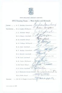 New Zealand 1972. Official autograph sheet for the New Zealand tour of the West Indies & Bermuda 1972. Fully signed in ink by all sixteen members of the party including Dowling, Congdon, Collinge, Howarth, G.Turner, Vivian, Wadsworth, Campbell, Cunis, et