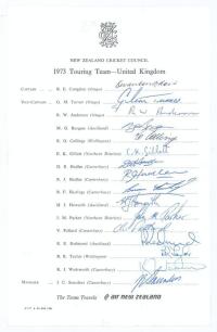 New Zealand tour to England 1973. Official autograph sheet with printed title and players&rsquo; names, fully signed by the sixteen listed tour members. Signatures are Congdon (Captain), Turner, Anderson, Burgess, Collinge, Gillott, D. Hadlee, R. Hadlee, Hastin