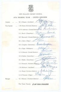 New Zealand tour to England 1978. Official autograph sheet with printed title and players&rsquo; names, fully signed by the sixteen listed tour members. Signatures are Burgess (Captain), Parker, Anderson, Boock, Bracewell, Cairns, Congdon, Edgar, Edwards, D. Ha